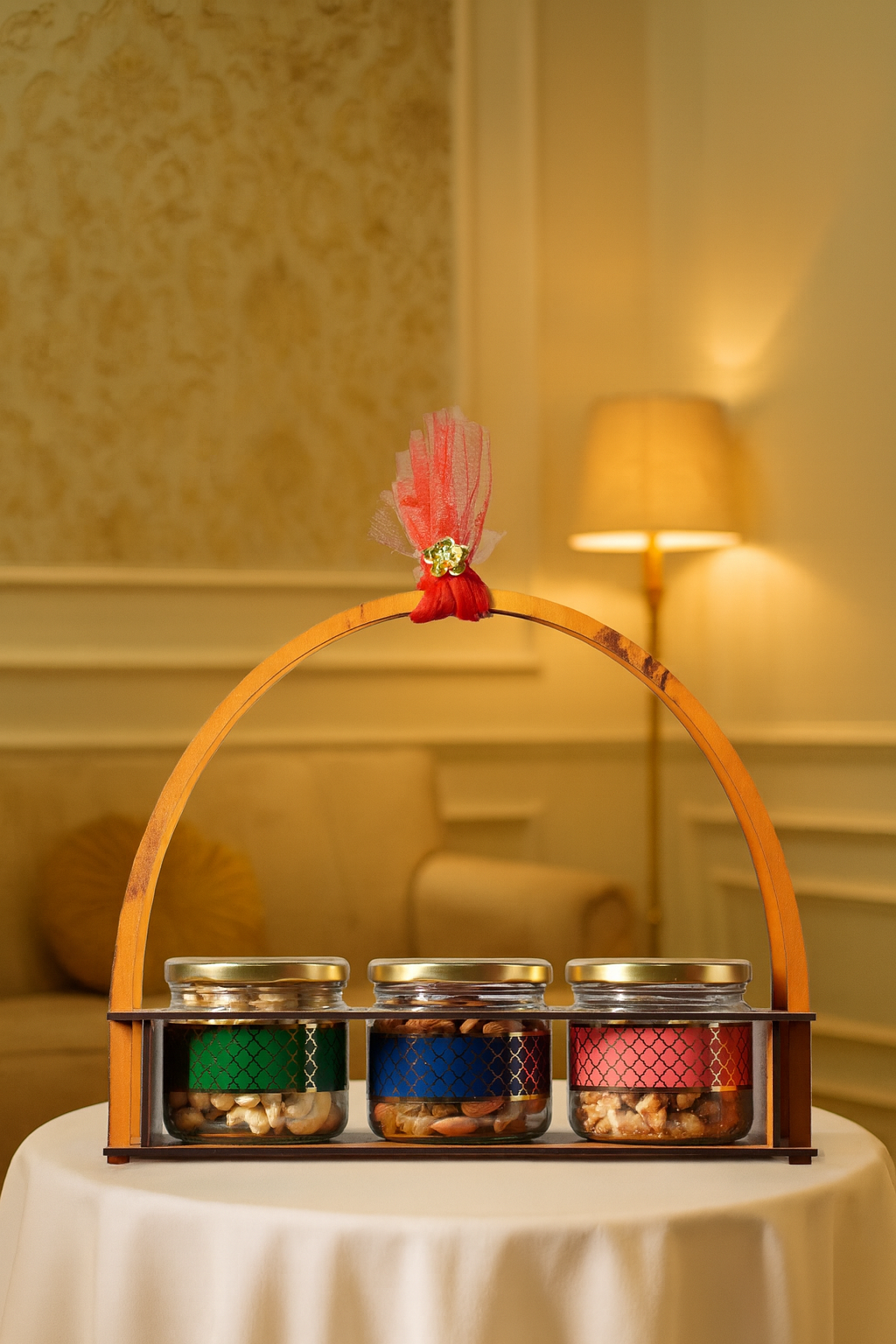 Premium Wooden Gift Basket with Handle & Red Bow – Elegant Hamper Box - Expro