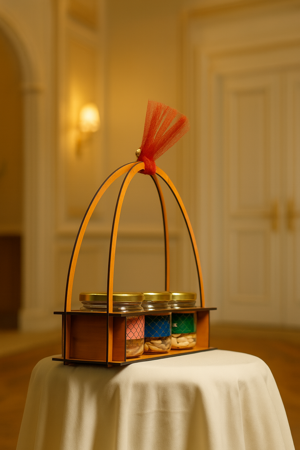 Premium Wooden Gift Basket with Handle & Red Bow – Elegant Hamper Box