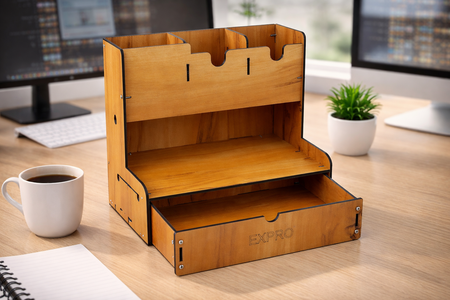 5-Compartment Wooden Desk Organizer – DIY Study & Office Stationery Rack (Brown)