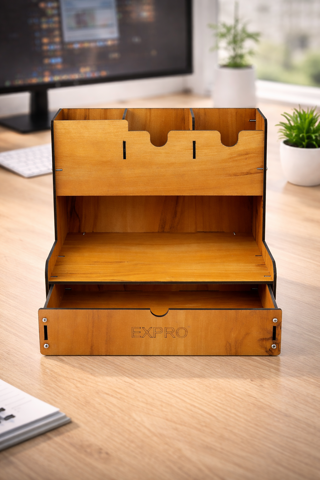 5-Compartment Wooden Desk Organizer – DIY Study & Office Stationery Rack (Brown)