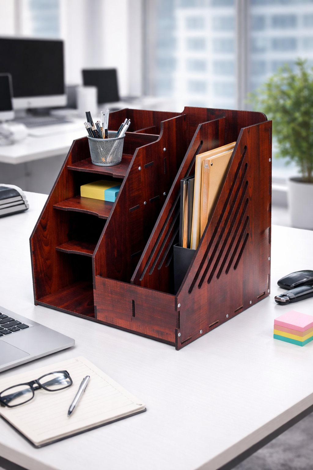 Expro 6-Compartment Wooden Desk Organizer with Side Folder & File Holder – Hidden Napkin Box