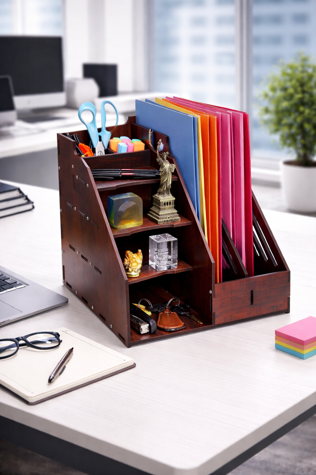 Expro 6-Compartment Wooden Desk Organizer with Side Folder & File Holder – Hidden Napkin Box