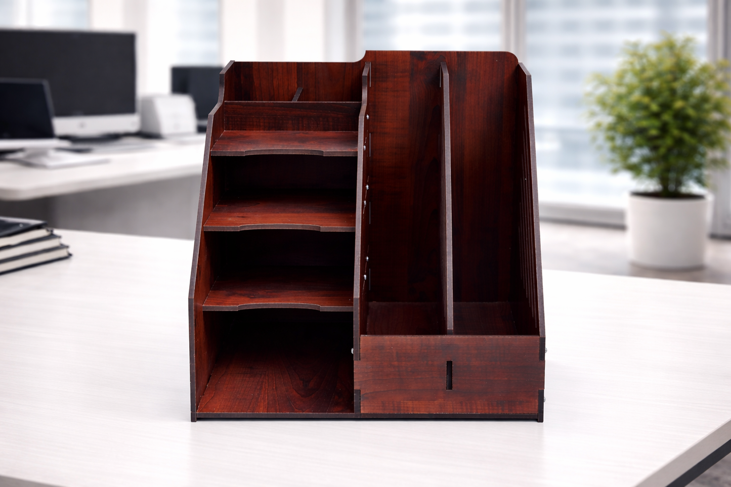 Expro 6-Compartment Wooden Desk Organizer with Side Folder & File Holder – Hidden Napkin Box