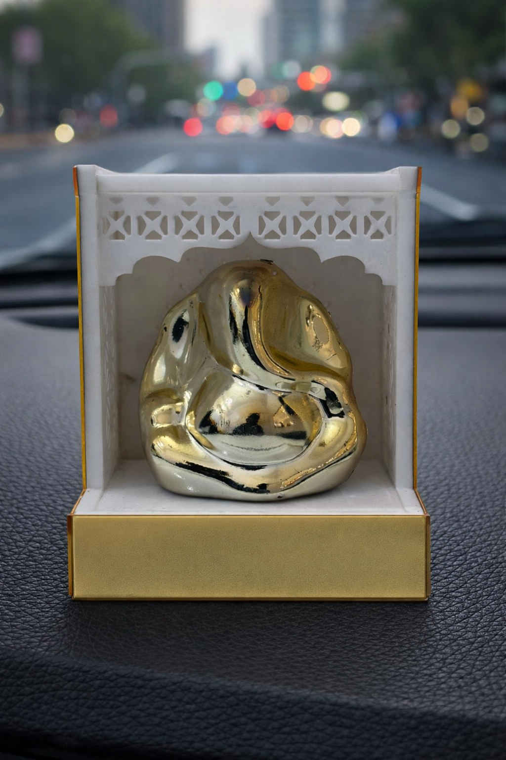 Minimalist Golden Ganesh Car Dashboard Idol with Acrylic Temple Frame