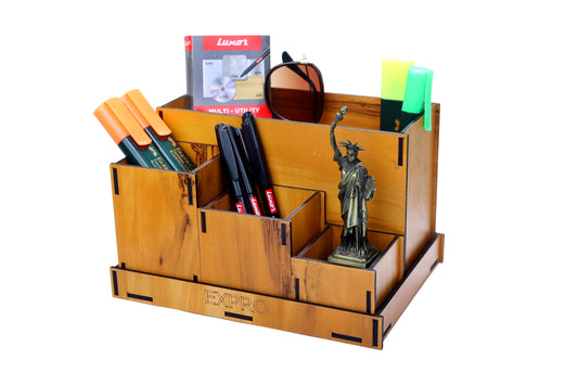 Expro Desk Organizer With 4 Compartments Stylish Table Organizer For Office Desk Proper Storage Box For All Stationary Items, Unique Corporate Gifts (Bamboo)(Ecofriendly), Amber