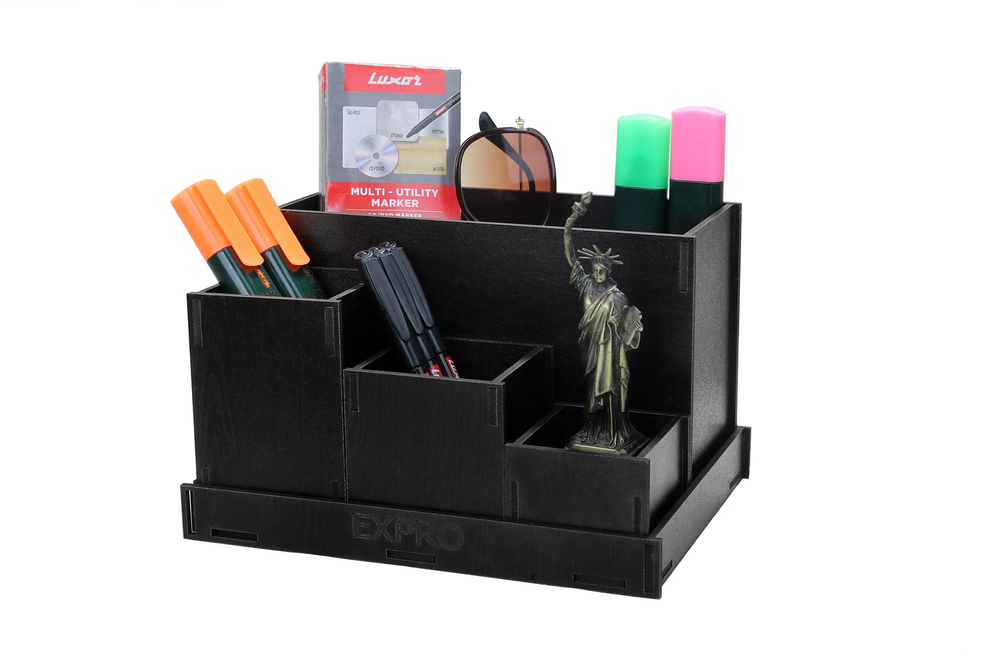 Expro Wooden Multipurpose Desk Organizer with Clock – Books, Stationery & Remote Holder (Bamboo)(Ecofriendly), Amber - Expro