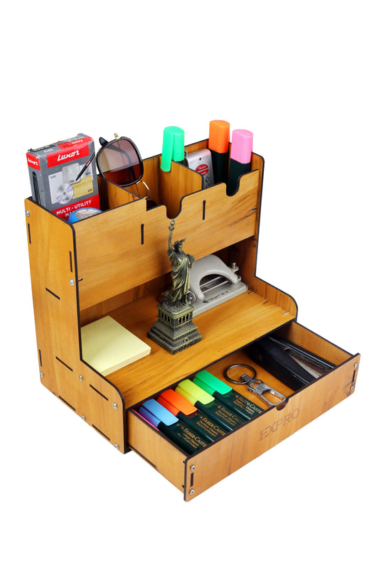 5 Compartments Wood Desk Organizer Table Organizer For Study Table Stationary rack For Office (DIY)  (Brown)
