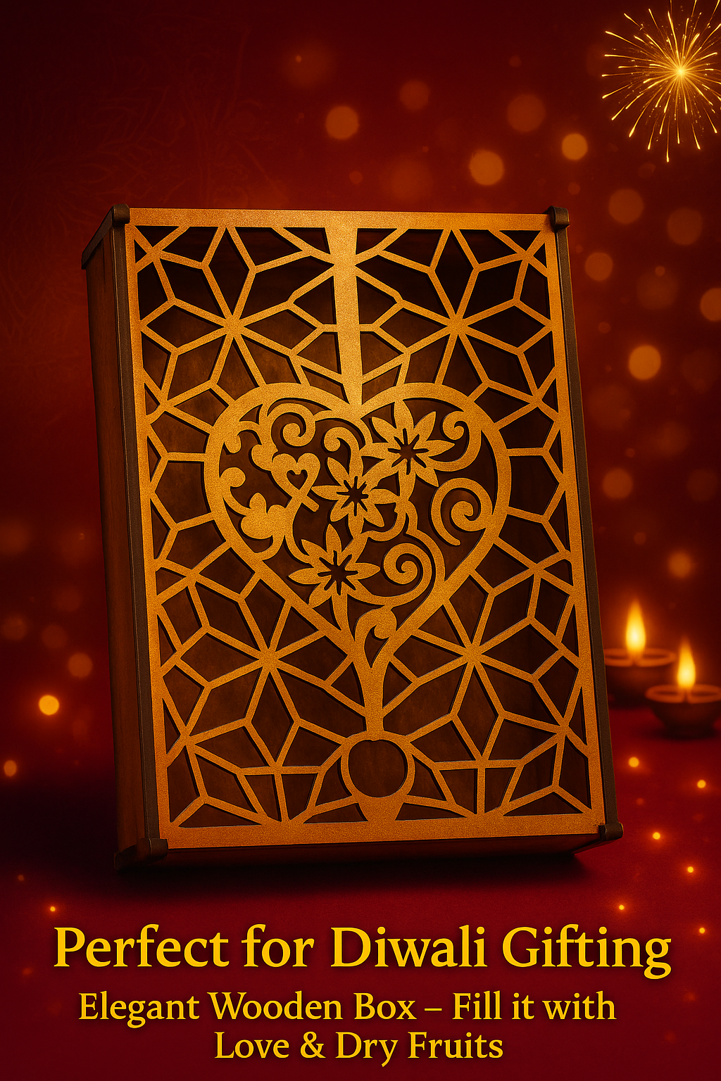 Diwali Wooden Gift Box with Floral Heart & Star Design – Elegant Keepsake - Expro
