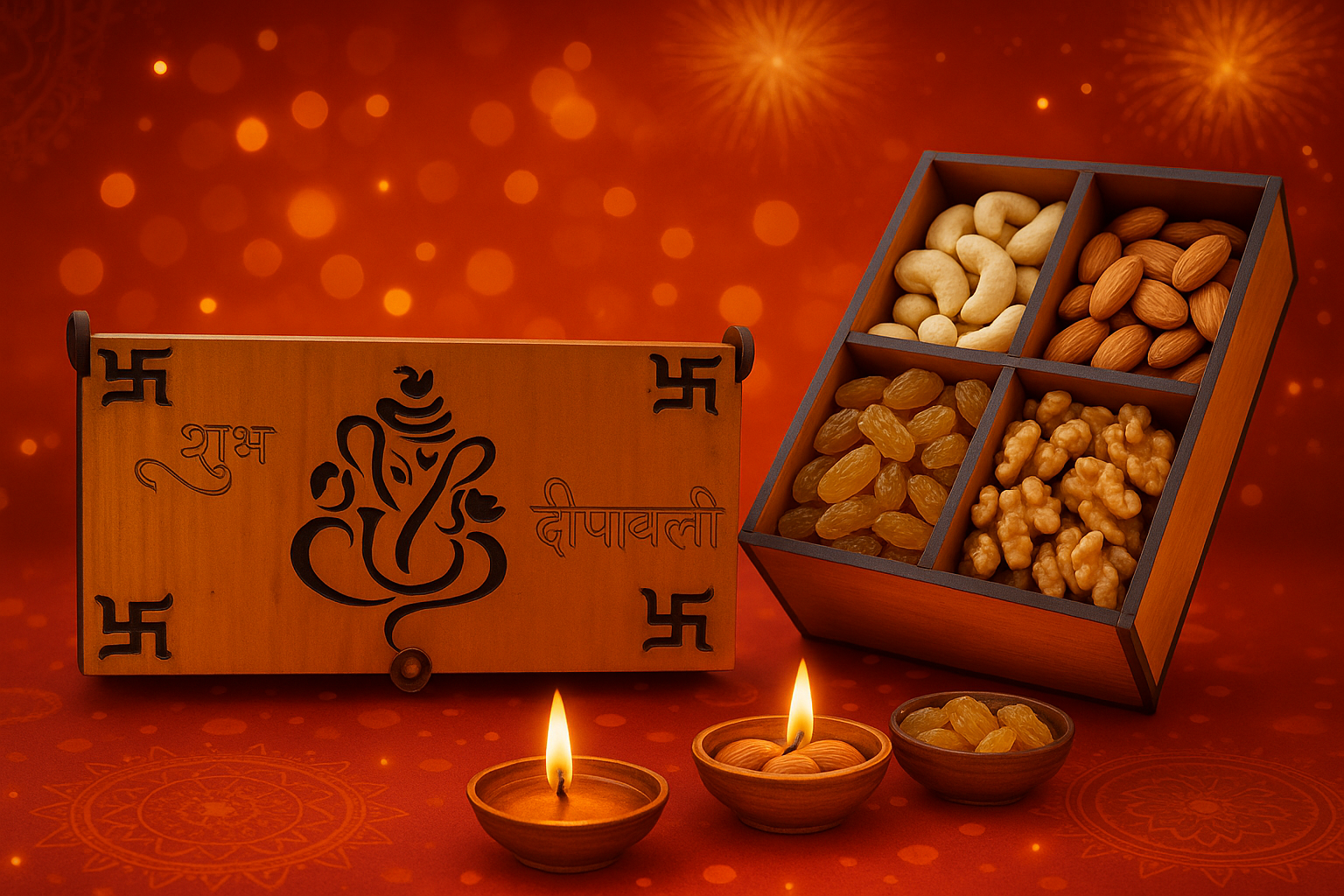 Handcrafted Wooden Diwali Gift Box – Ganesha Engraved Dry Fruit & Chocolate Box - Expro