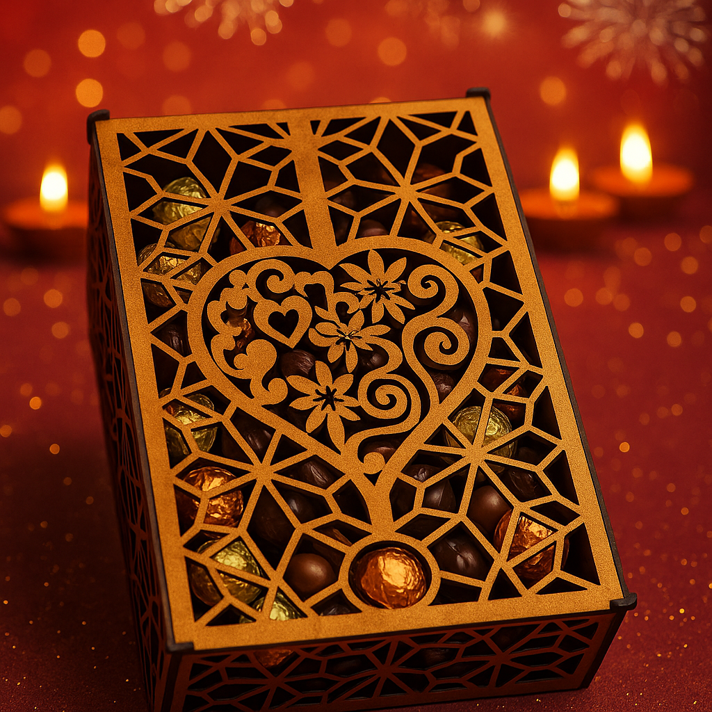 Diwali Wooden Gift Box with Floral Heart & Star Design – Elegant Keepsake - Expro