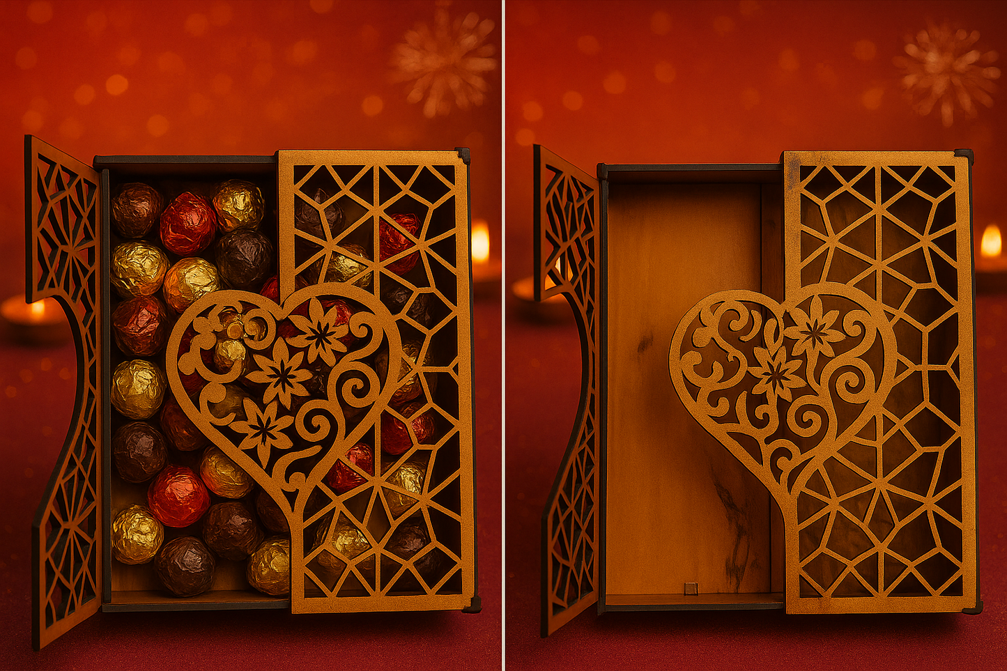 Diwali Wooden Gift Box with Floral Heart & Star Design – Elegant Keepsake - Expro