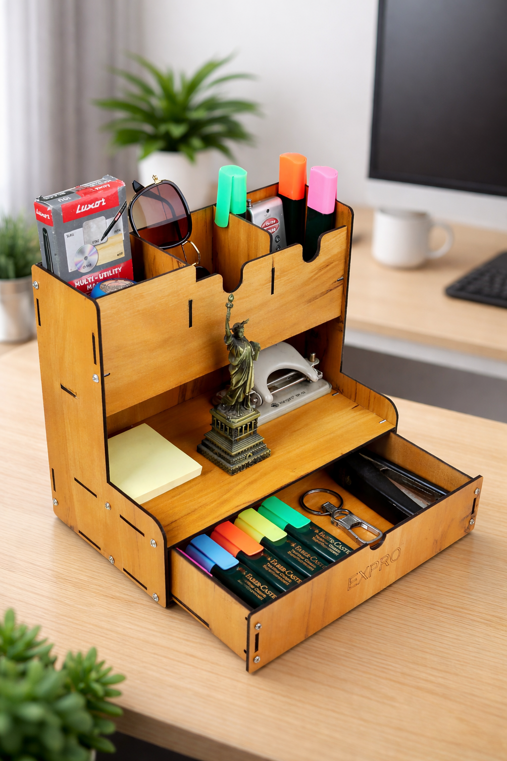 5-Compartment Wooden Desk Organizer – DIY Study & Office Stationery Rack (Brown)