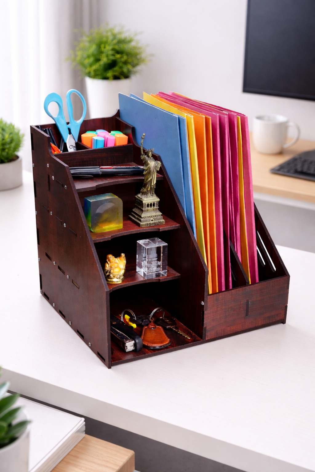 Expro 6-Compartment Wooden Desk Organizer with Side Folder & File Holder – Hidden Napkin Box