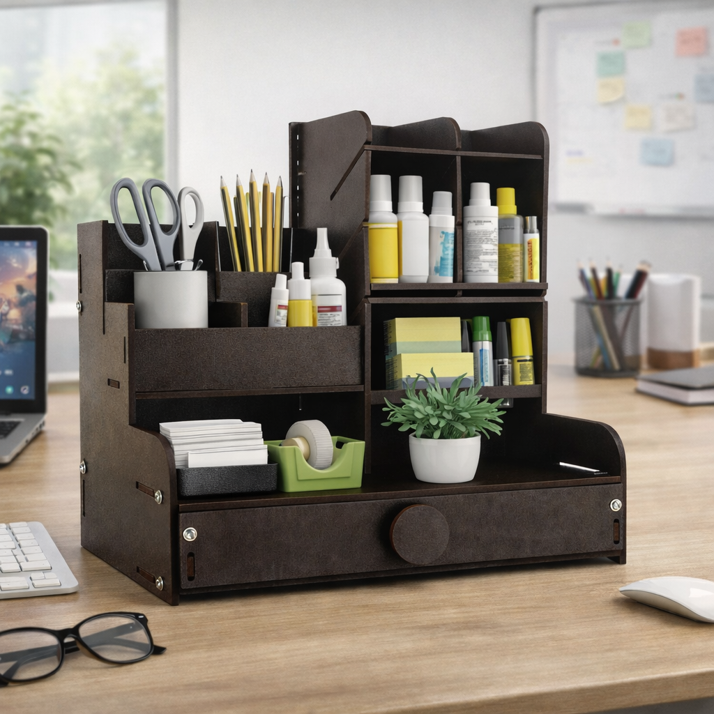 13-Compartment Wooden Desk Organizer – Multi-Purpose Stationery & Office Table Organizer