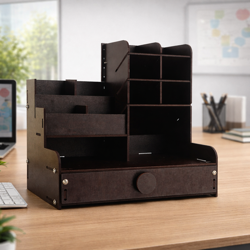 13-Compartment Wooden Desk Organizer – Multi-Purpose Stationery & Office Table Organizer