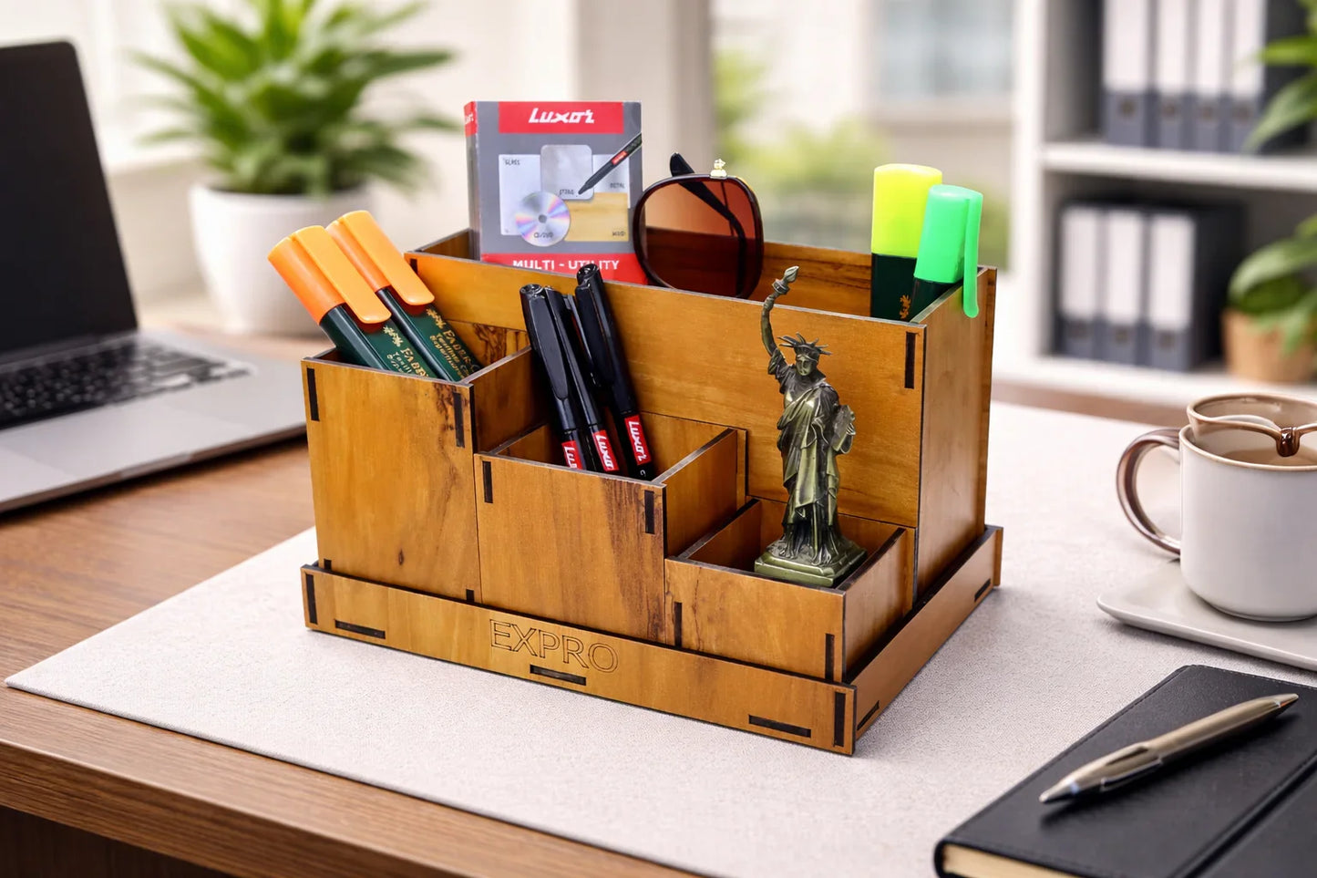 Expro Wooden Multipurpose Desk Organizer with Clock – Books, Stationery & Remote Holder (Bamboo)(Ecofriendly), Amber