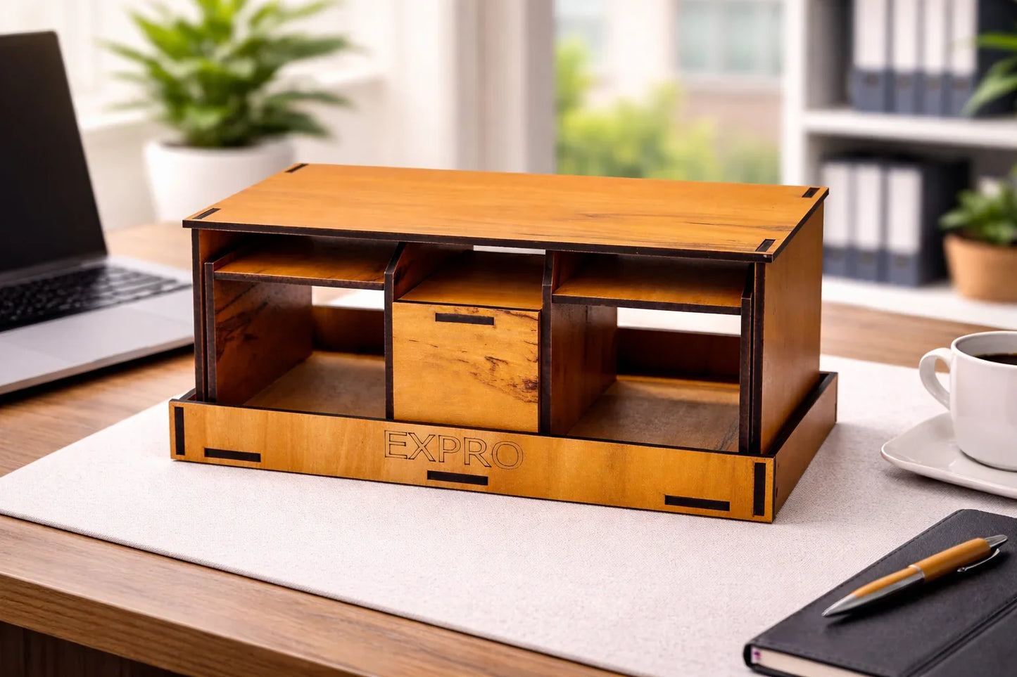 Expro Wooden Multipurpose Desk Organizer with Clock – Books, Stationery & Remote Holder (Bamboo)(Ecofriendly), Amber