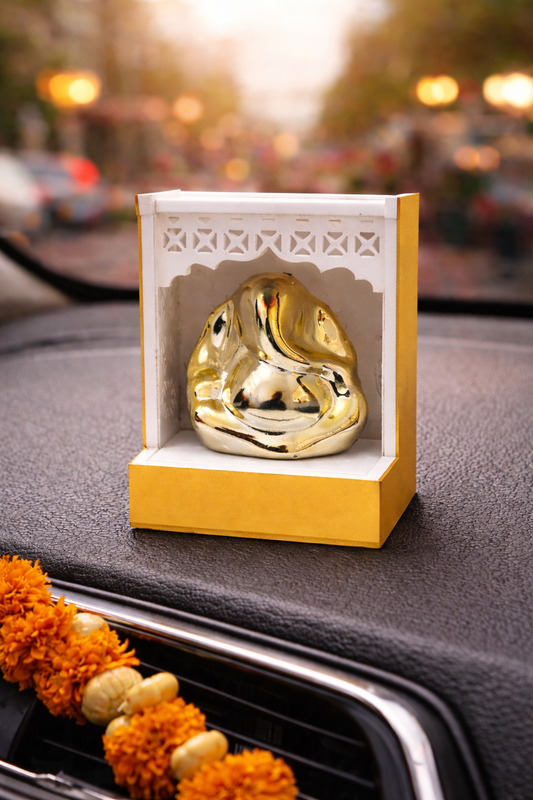 Minimalist Golden Ganesh Car Dashboard Idol with Acrylic Temple Frame