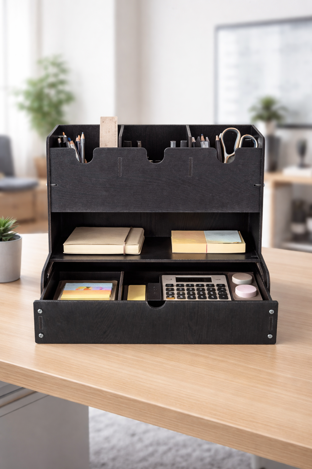 5-Compartment Wooden Desk Organizer – DIY Study & Office Stationery Rack (Brown)