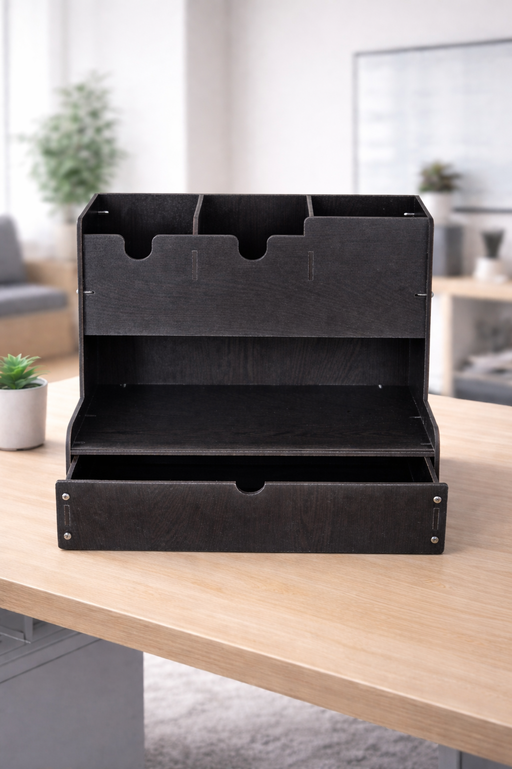 5-Compartment Wooden Desk Organizer – DIY Study & Office Stationery Rack (Brown)