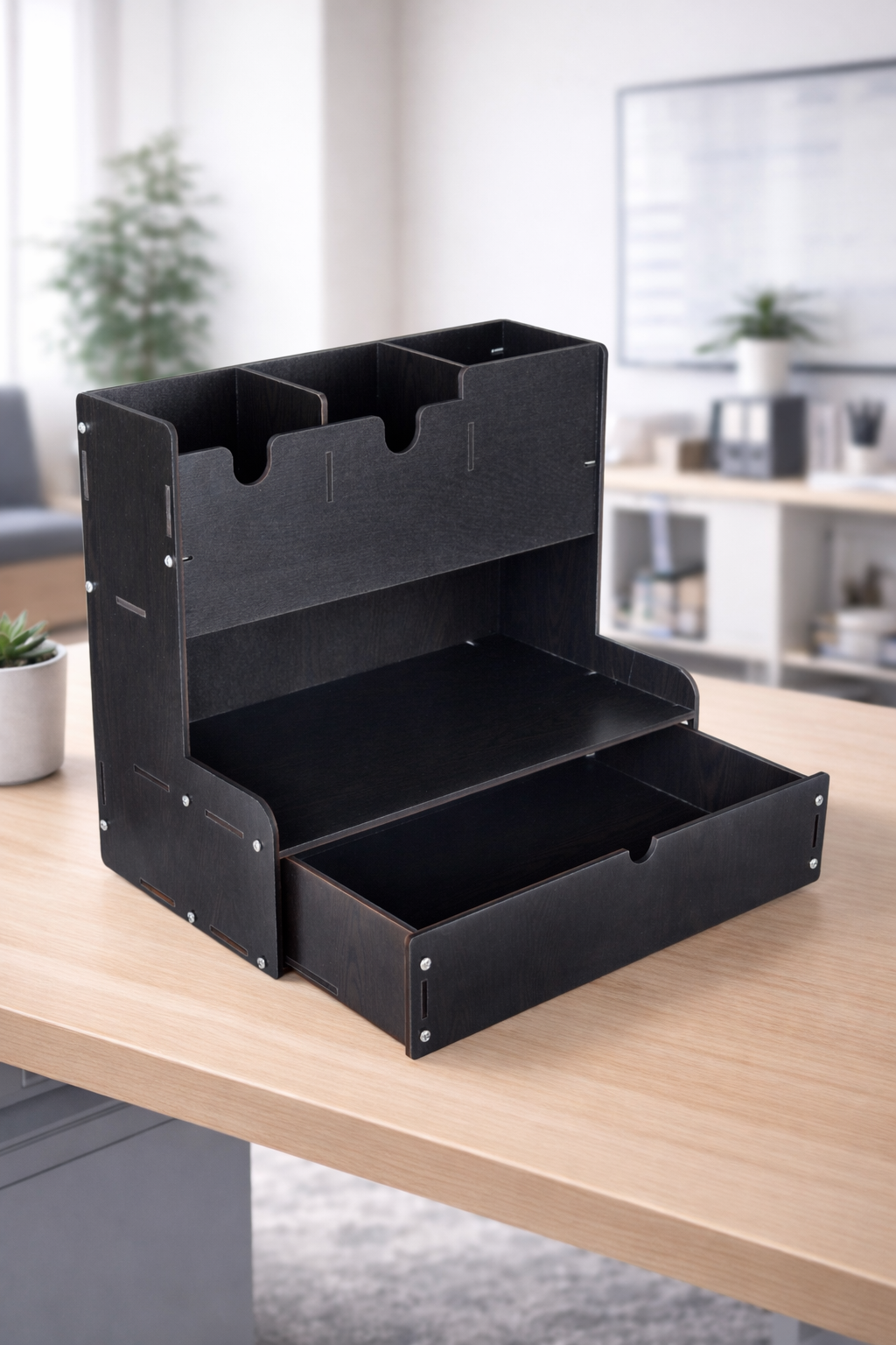 5-Compartment Wooden Desk Organizer – DIY Study & Office Stationery Rack (Brown)