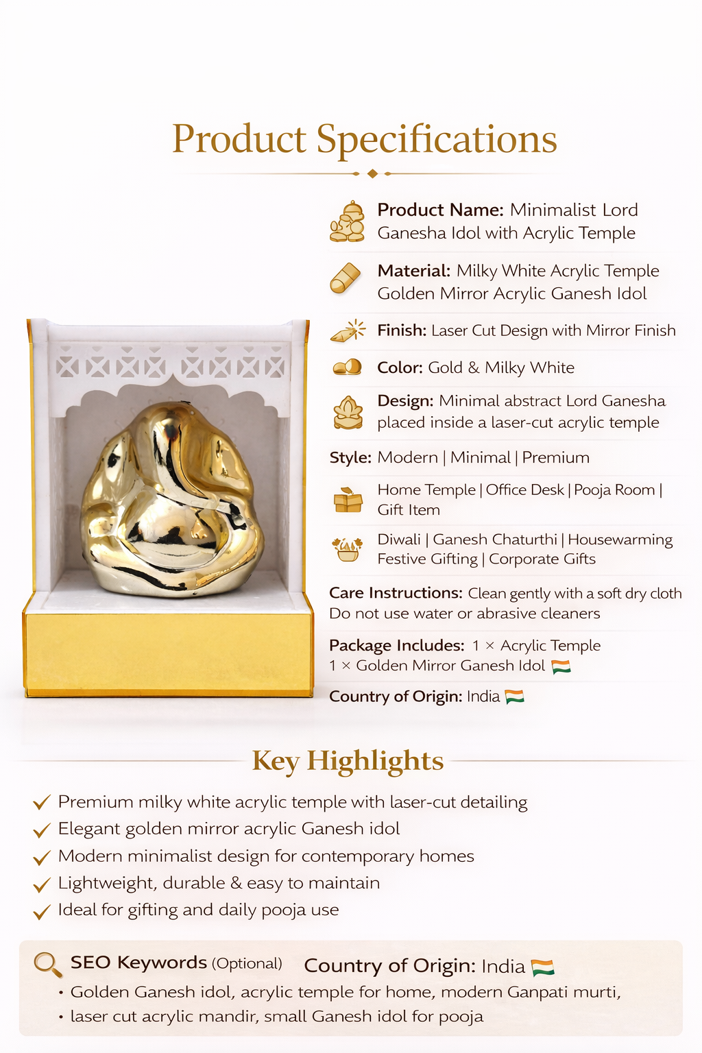 Minimalist Golden Ganesh Car Dashboard Idol with Acrylic Temple Frame