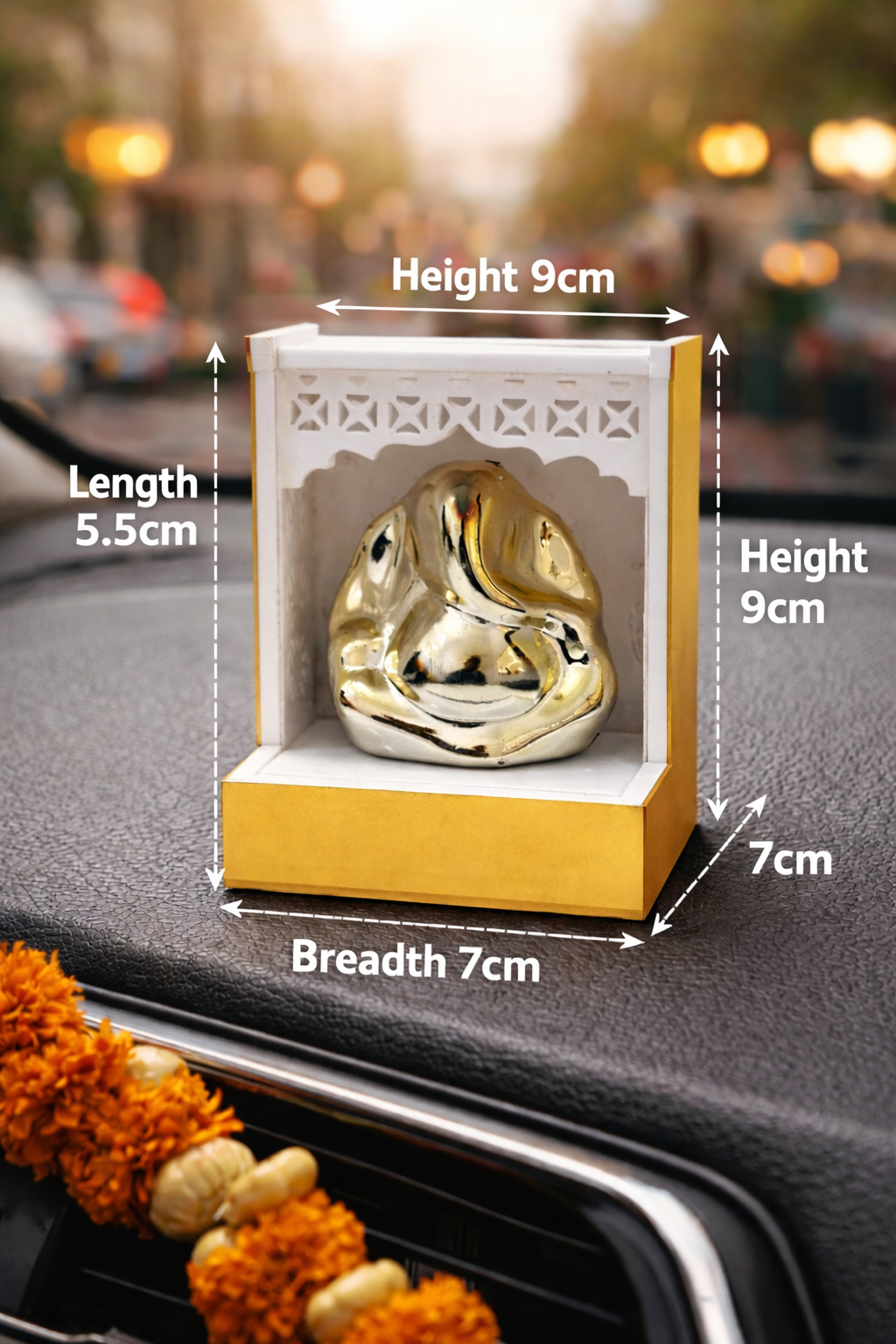 Minimalist Golden Ganesh Car Dashboard Idol with Acrylic Temple Frame