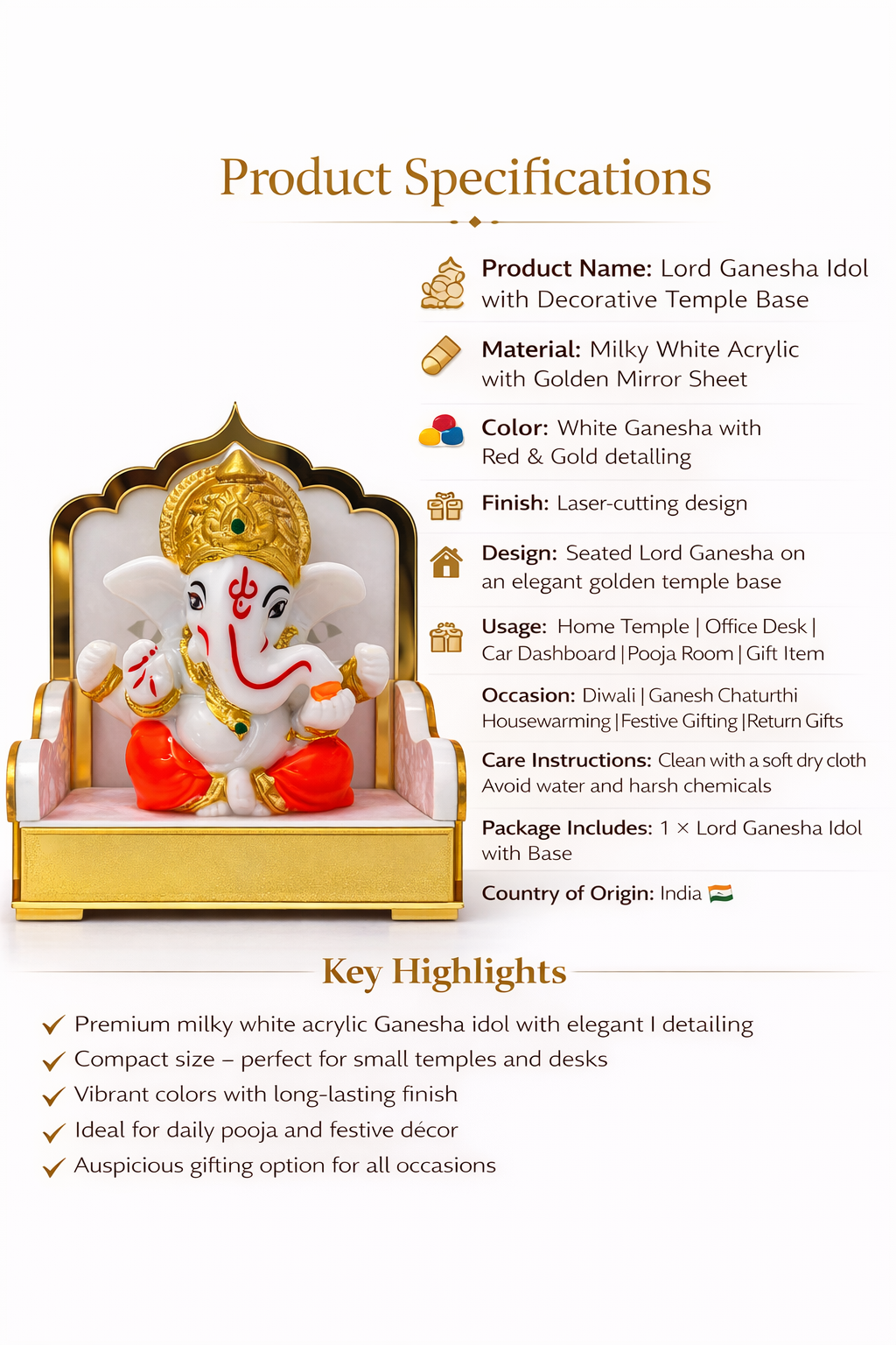 Expro's Lord Ganesha Car Dashboard Idol with Golden Throne – Premium Vehicle Dashboard Accessory